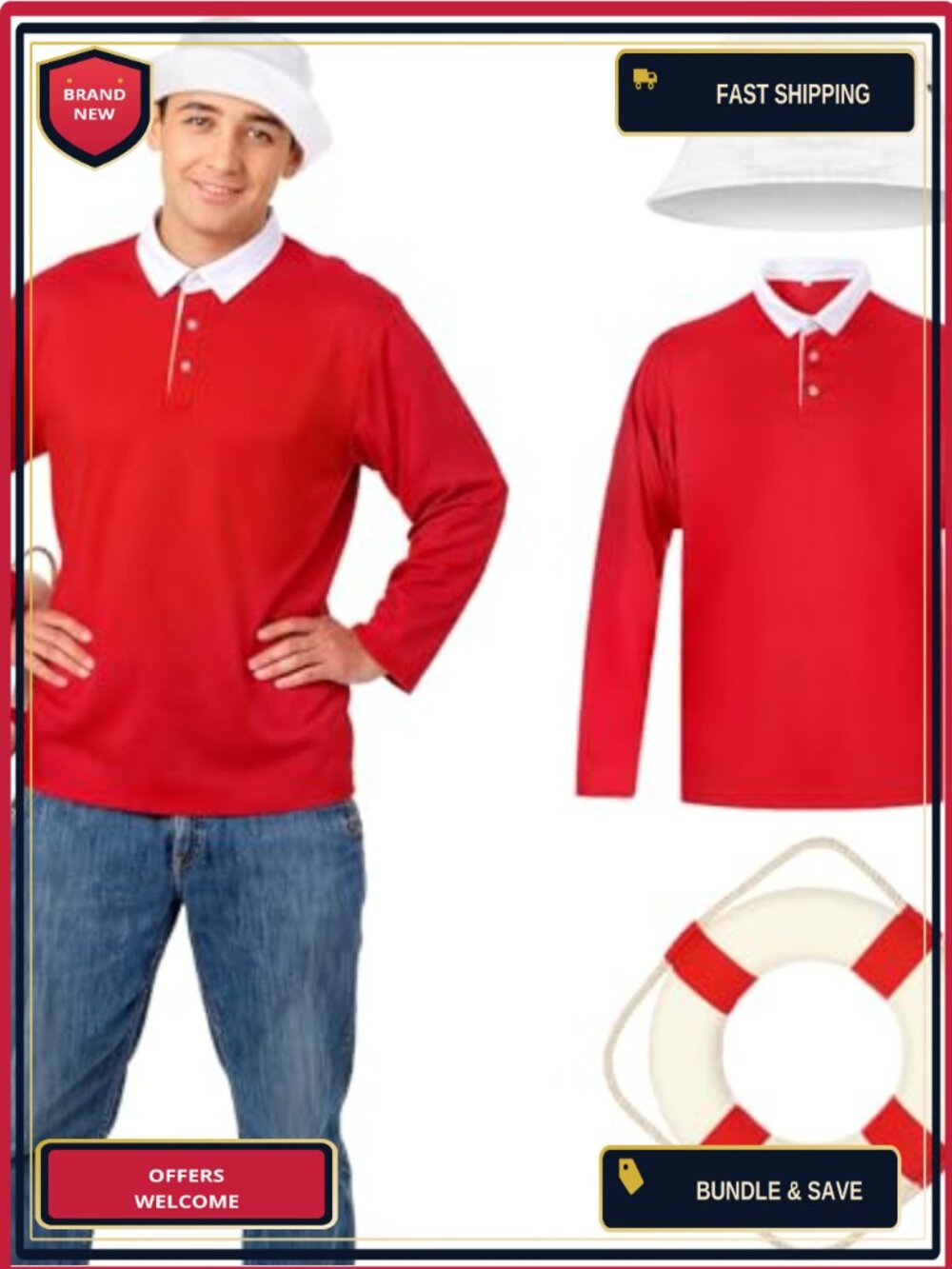 Men 1960s TV Cosplay Costume Set Shirt Bucket Hat Life Preserver Polyester